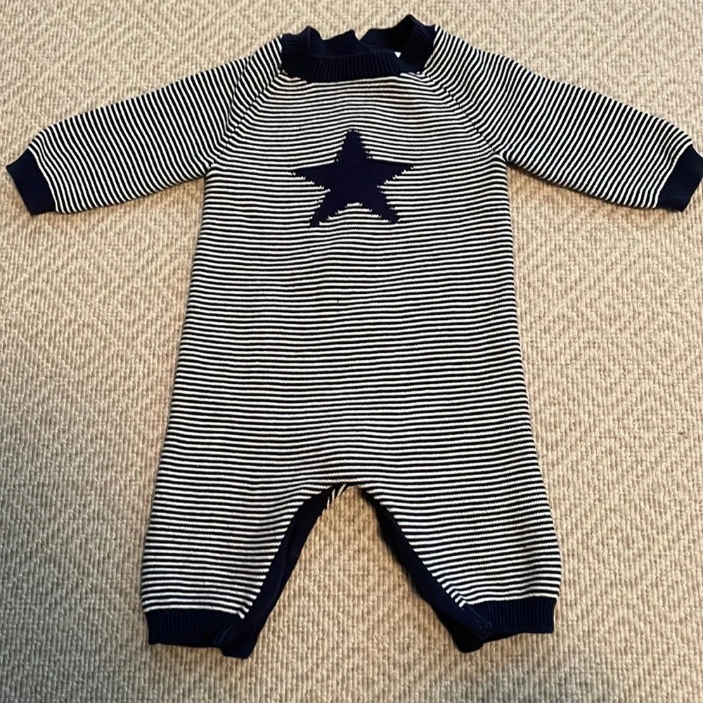 Little Me Boy's One-Piece Stripe Blue & White Coverall Romper Size 3M